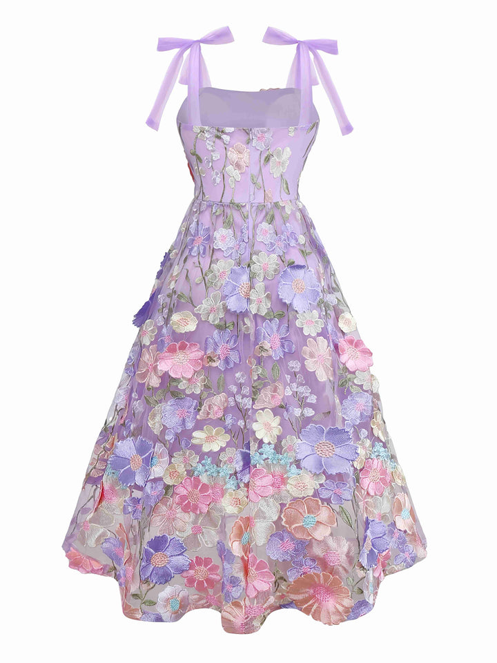 Purple 1940s 3D Floral Bow Strap Mesh Dress - vintage dress, retro fashion