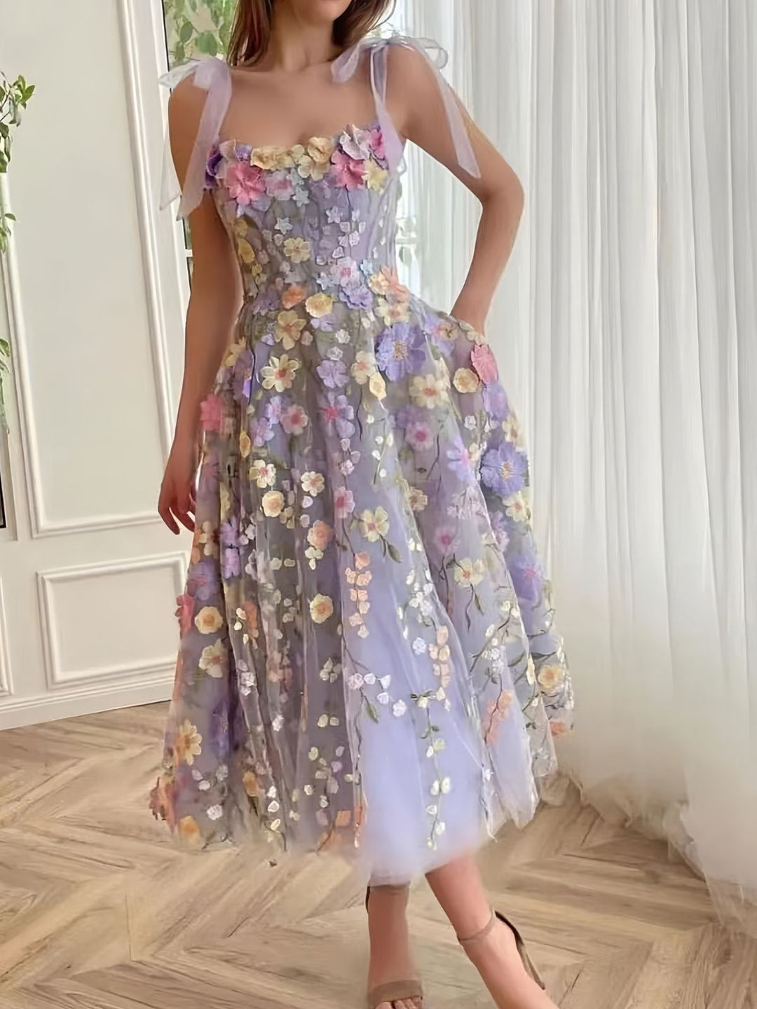 Purple 1940s 3D Floral Bow Strap Mesh Dress - vintage dress, retro fashion