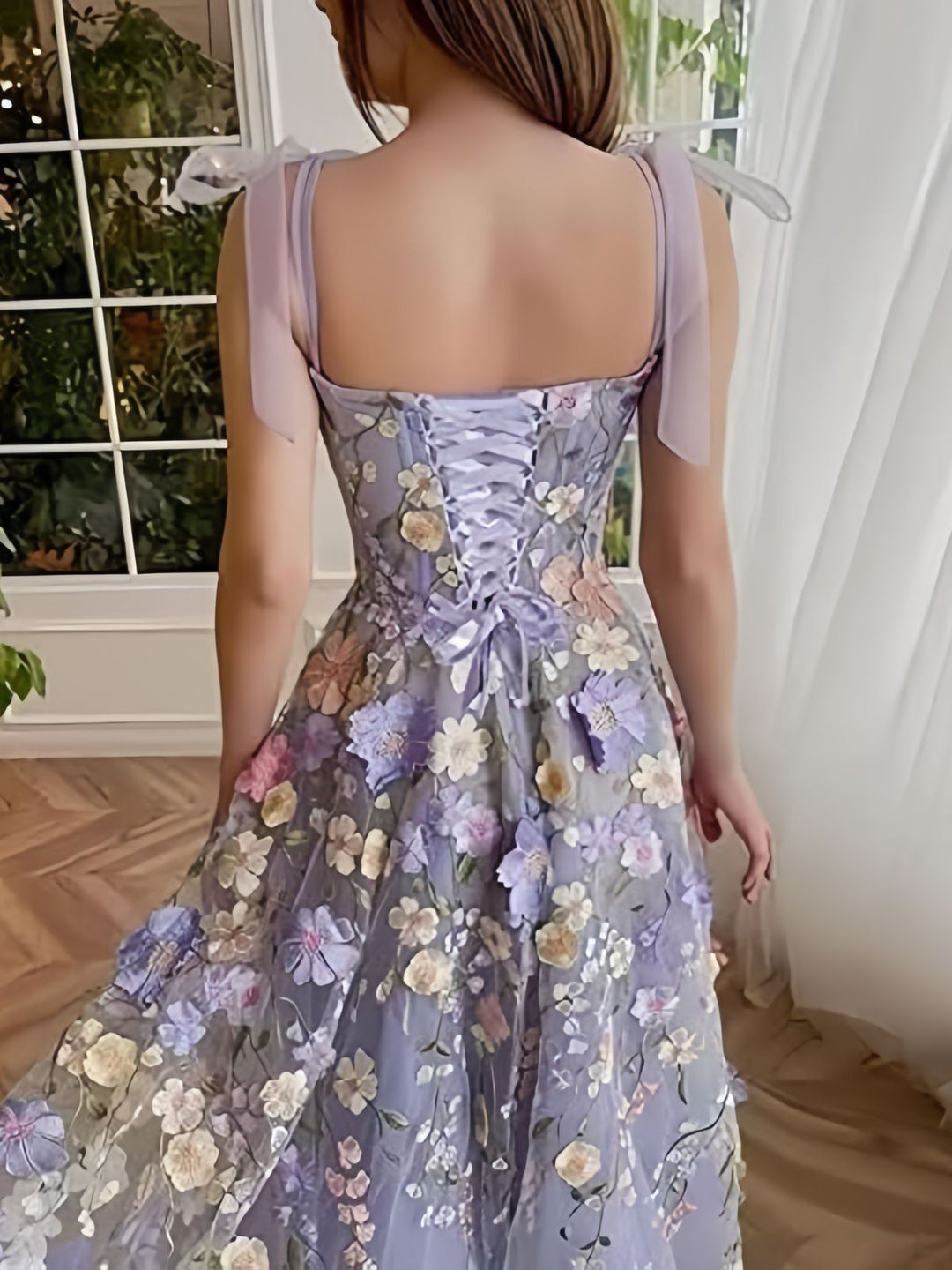 Purple 1940s 3D Floral Bow Strap Mesh Dress - vintage dress, retro fashion