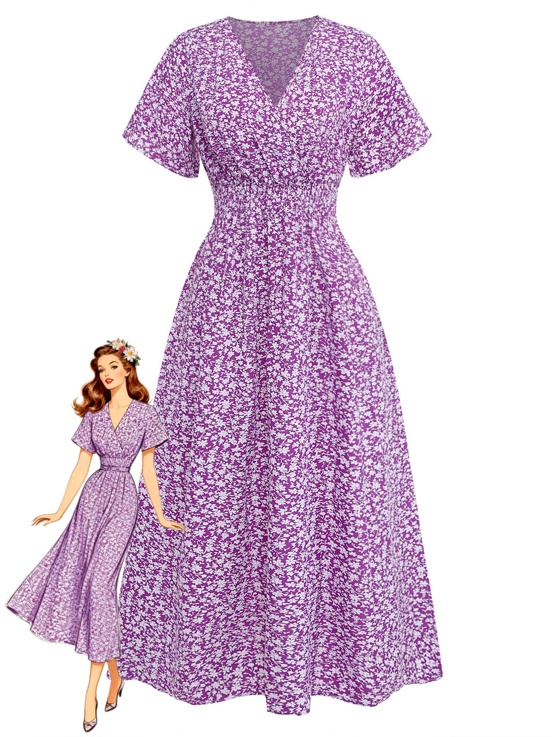 Purple-1940s-Ditsy-Floral-Short-Sleeves-Fitted-Midi-Dress, vintage, retro, dress