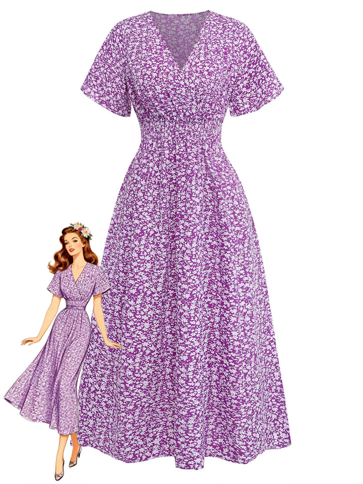 Purple-1940s-Ditsy-Floral-Short-Sleeves-Fitted-Midi-Dress, vintage, retro, dress