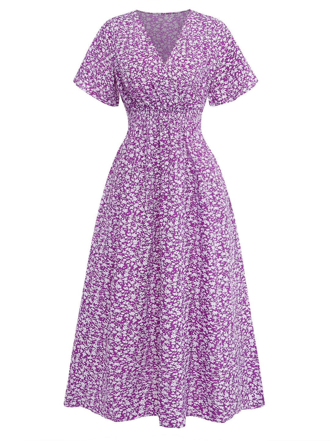 Purple-1940s-Ditsy-Floral-Short-Sleeves-Fitted-Midi-Dress, vintage, retro, dress