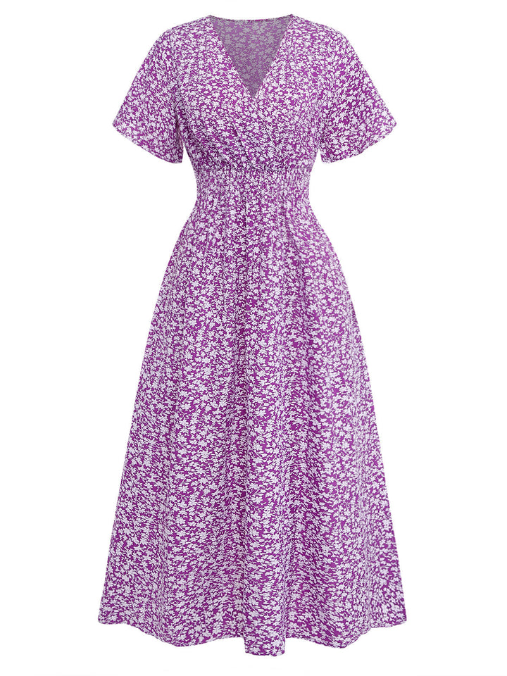 Purple-1940s-Ditsy-Floral-Short-Sleeves-Fitted-Midi-Dress, vintage, retro, dress