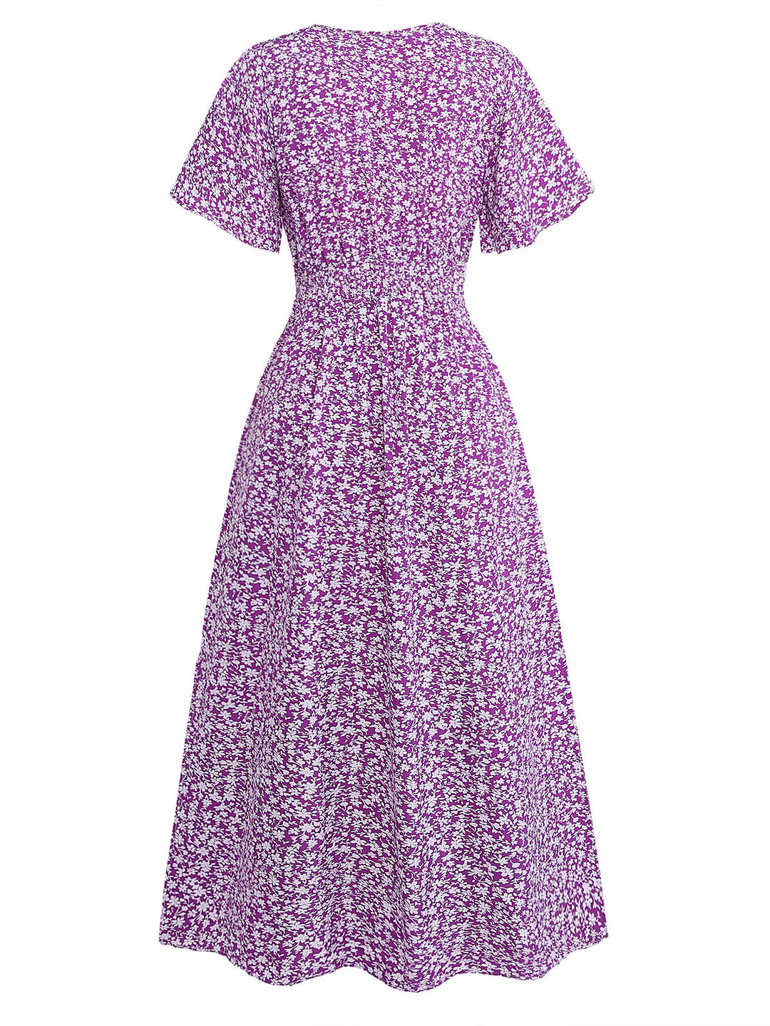 Purple-1940s-Ditsy-Floral-Short-Sleeves-Fitted-Midi-Dress, vintage, retro, dress