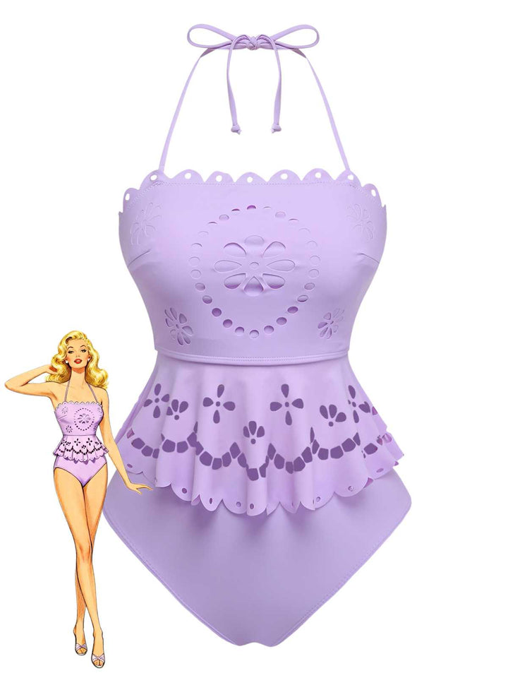 Purple 1940s Halter Scalloped Eyelet Tankini Set - vintage fashion, retro style, classic elegance for vintage lovers