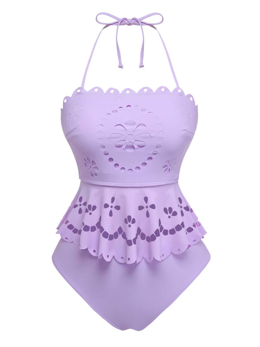 Purple 1940s Halter Scalloped Eyelet Tankini Set: beautiful vintage fashion, retro style, classic elegance with timeless appeal