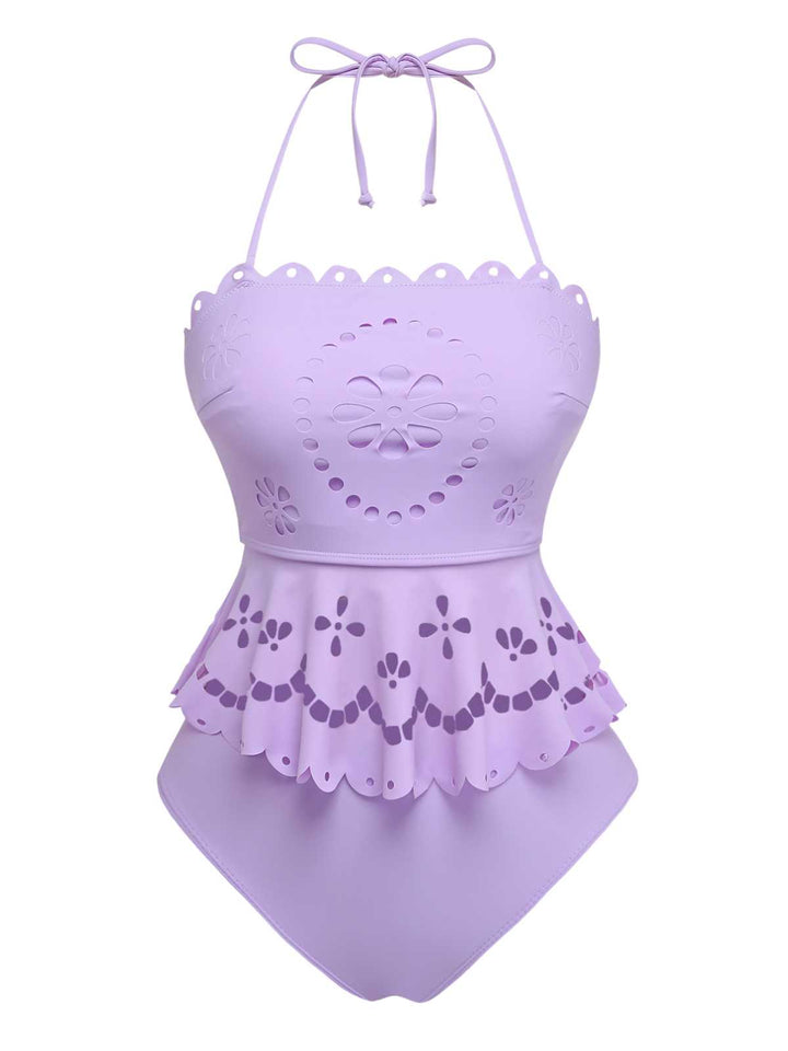 Purple 1940s Halter Scalloped Eyelet Tankini Set: beautiful vintage fashion, retro style, classic elegance with timeless appeal
