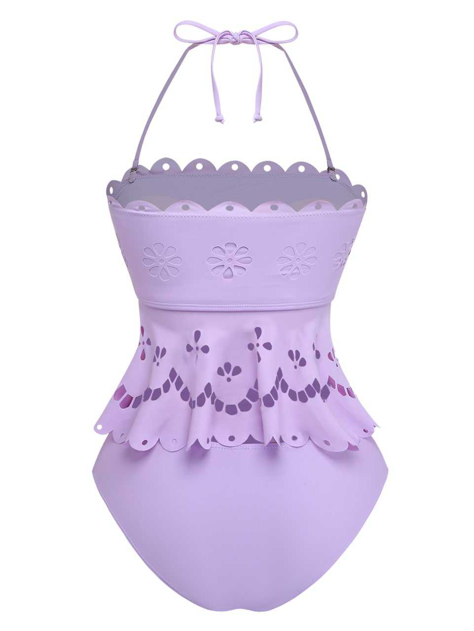 Purple 1940s Halter Scalloped Eyelet Tankini Set | vintage fashion, retro style, classic elegance - perfect for retro fashion enthusiasts