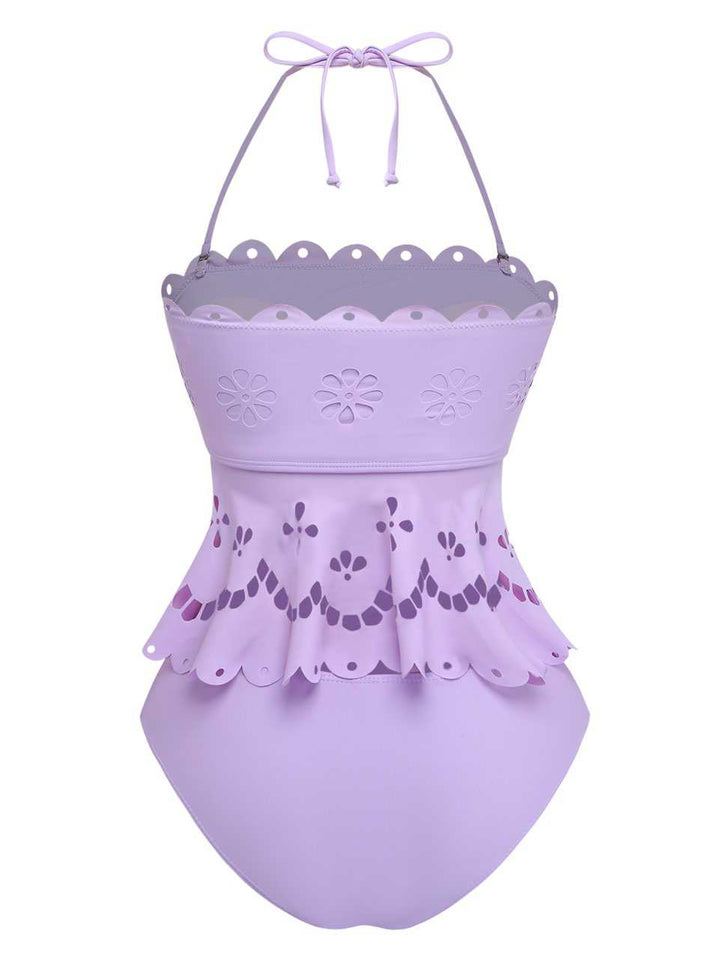 Purple 1940s Halter Scalloped Eyelet Tankini Set | vintage fashion, retro style, classic elegance - perfect for retro fashion enthusiasts