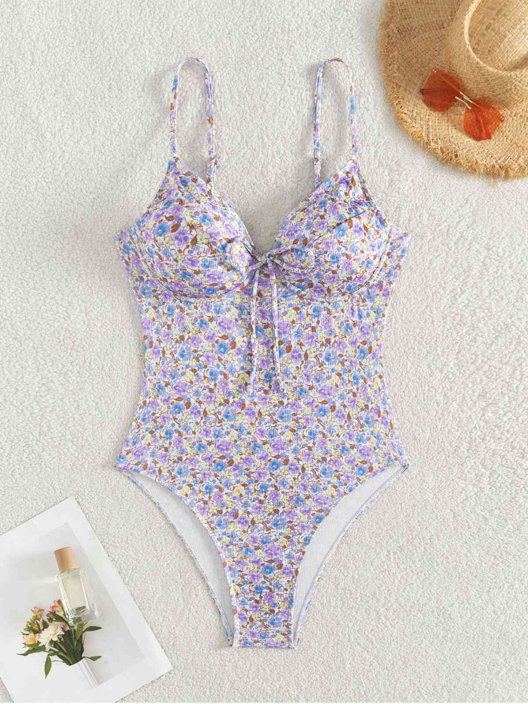 Purple 1950s Ditsy Floral Lace-Up One-Piece Swimsuit: 1950s Riviera elegance, reimagined for her