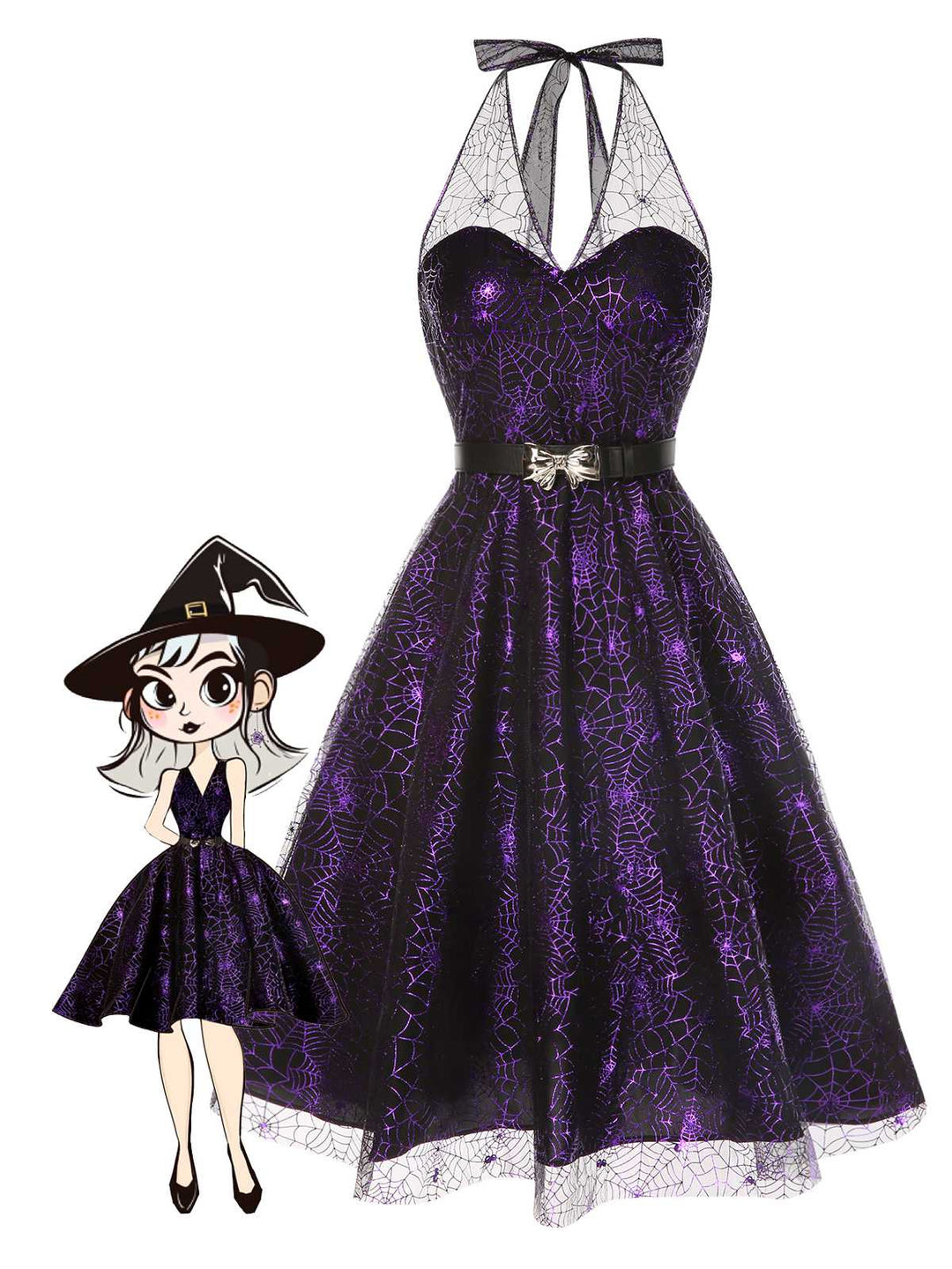 She slips into this Purple 1950s Laser Mesh Spiderweb Halter Dress and suddenly it&