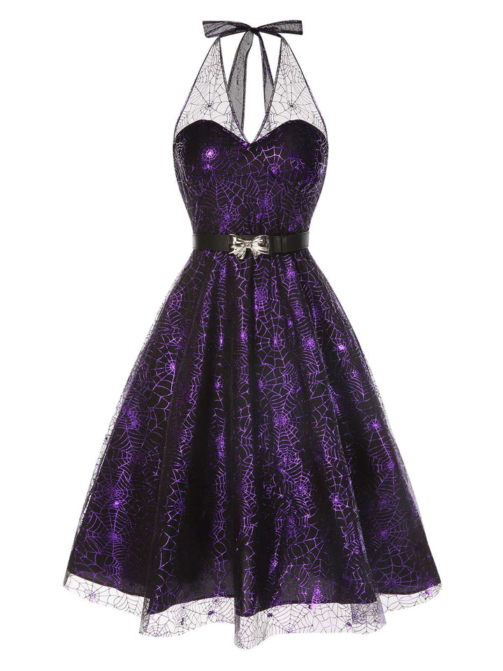 Purple 1950s Laser Mesh Spiderweb Halter Dress, vintage dress, retro fashion, rockabilly, pin-up fashion - perfect for women who love vintage and retro fashion