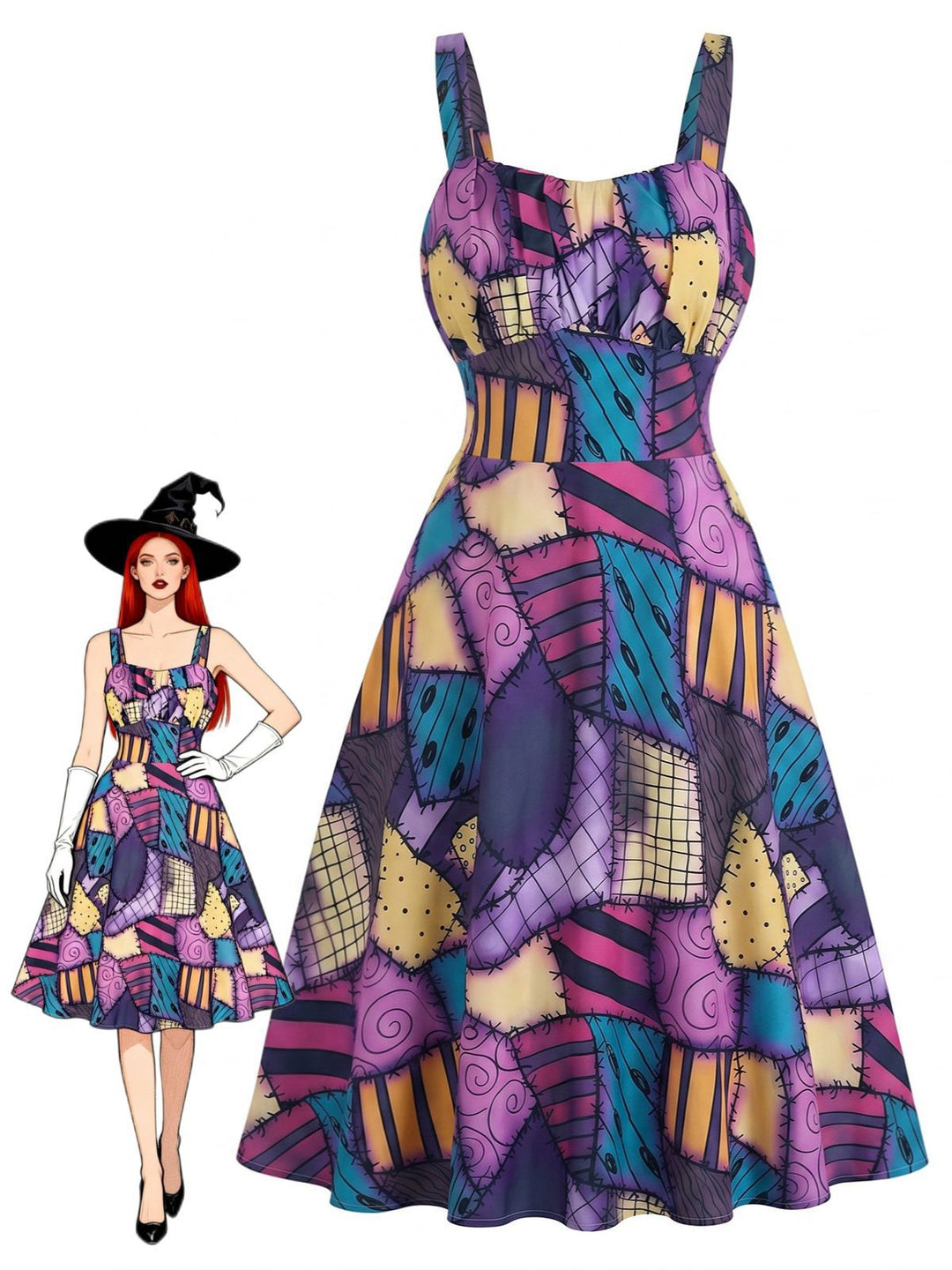 Purple 1950s Patchwork Gothic Halloween A-Line Dress, vintage dress, retro fashion, rockabilly, pin-up fashion - vintage inspired fashion