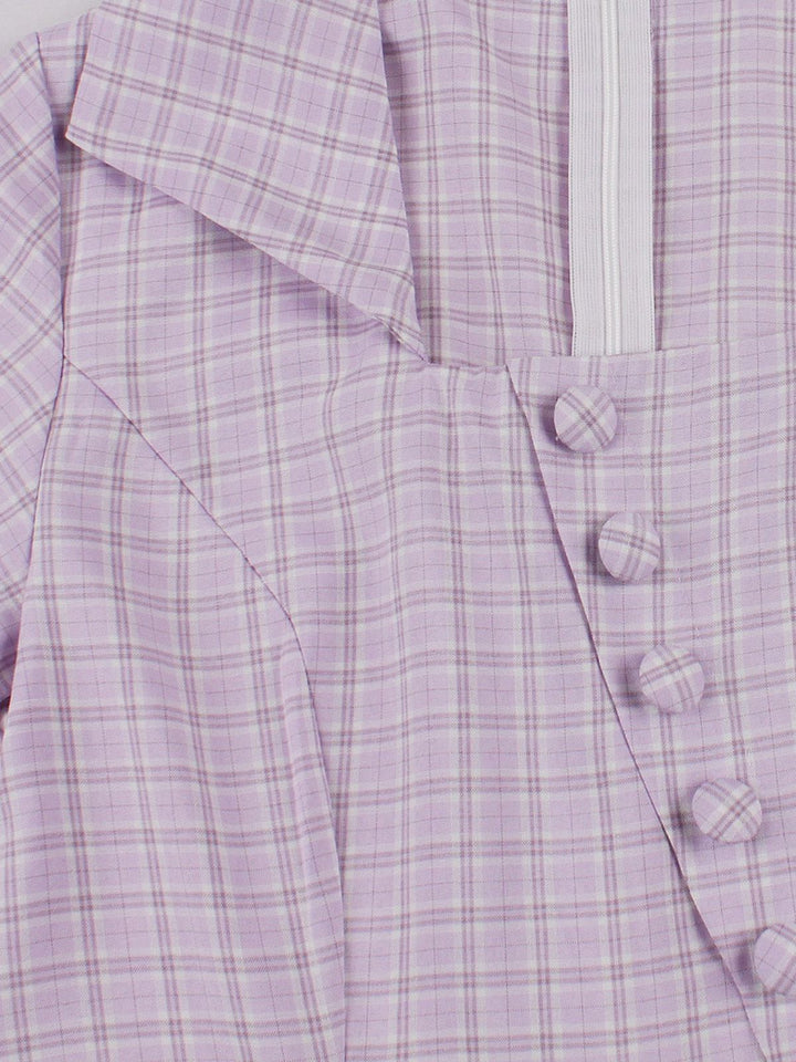 Purple 1950s Plaid Square Neck Button Swing Dress - vintage dress, retro fashion, rockabilly