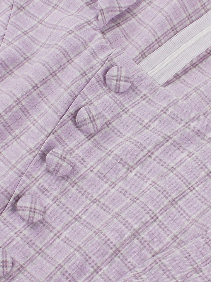 Purple 1950s Plaid Square Neck Button Swing Dress - vintage dress, retro fashion, rockabilly