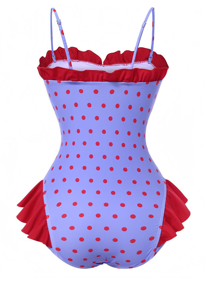Purple 1950s Polka Dots Ruffles One-Piece Swimsuit: 1950s Riviera elegance, reimagined for her