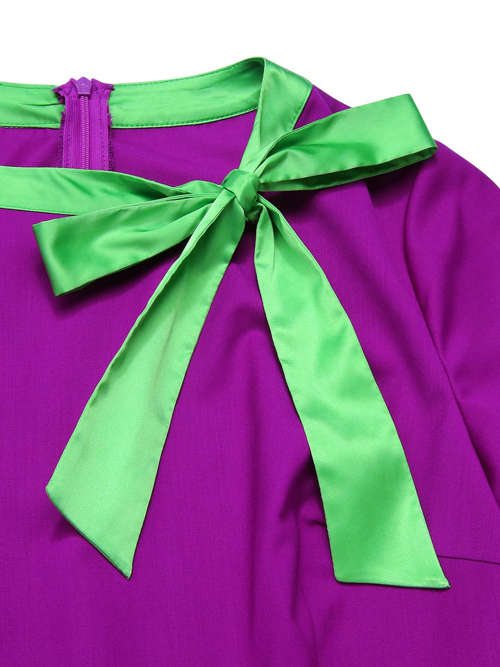 Purple 1950s Solid Spliced Tie Neck Dress — a 1950s silhouette that turns sidewalks into runways