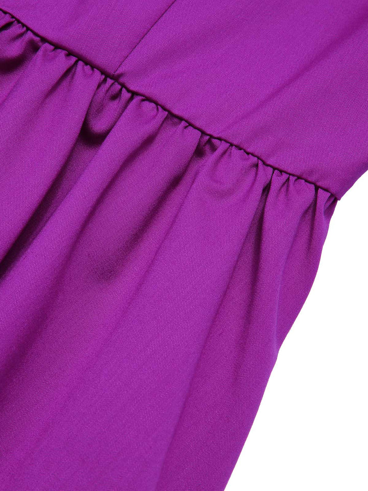She slips into this Purple 1950s Solid Spliced Tie Neck Dress and suddenly it&