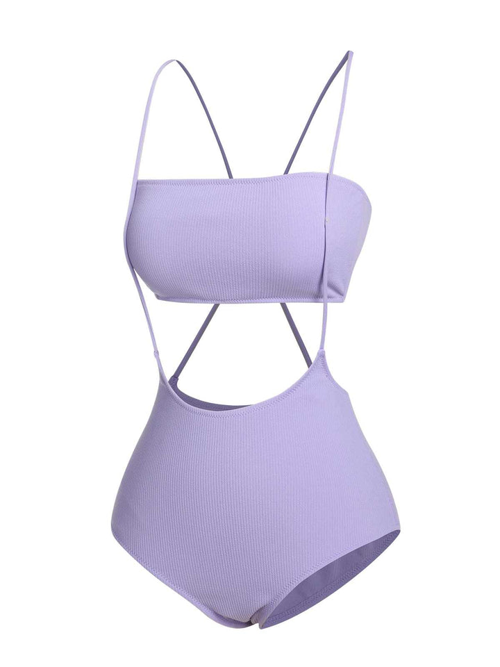 Purple 1950s Spaghetti Strap Bandeau Swimsuit: 1950s Riviera elegance, reimagined for her