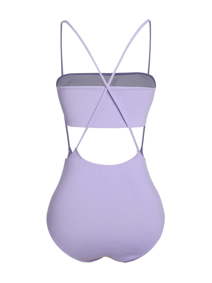 This Purple 1950s Spaghetti Strap Bandeau Swimsuit carries 1950s vacation dreams in every stitch
