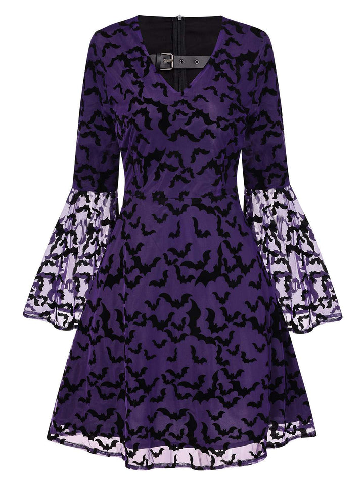 Purple 1960s Bats Mesh Bell Sleeves Dress, vintage dress, retro fashion - perfect for women who love vintage and retro fashion