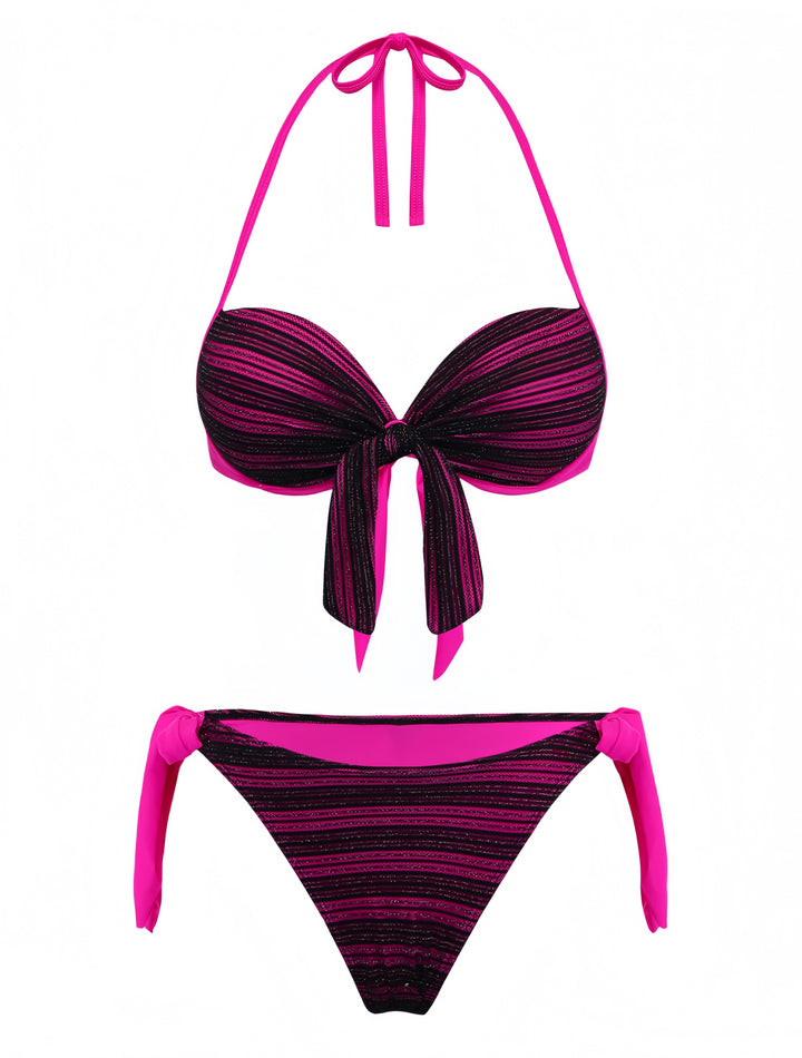 Purple 1960s Halter Striped Bow-Tie Bikini Set: beautiful vintage swimwear, retro swimsuit, pin-up style with timeless appeal