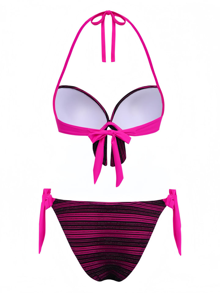 Purple 1960s Halter Striped Bow-Tie Bikini Set | vintage swimwear, retro swimsuit, pin-up style - perfect for retro fashion enthusiasts