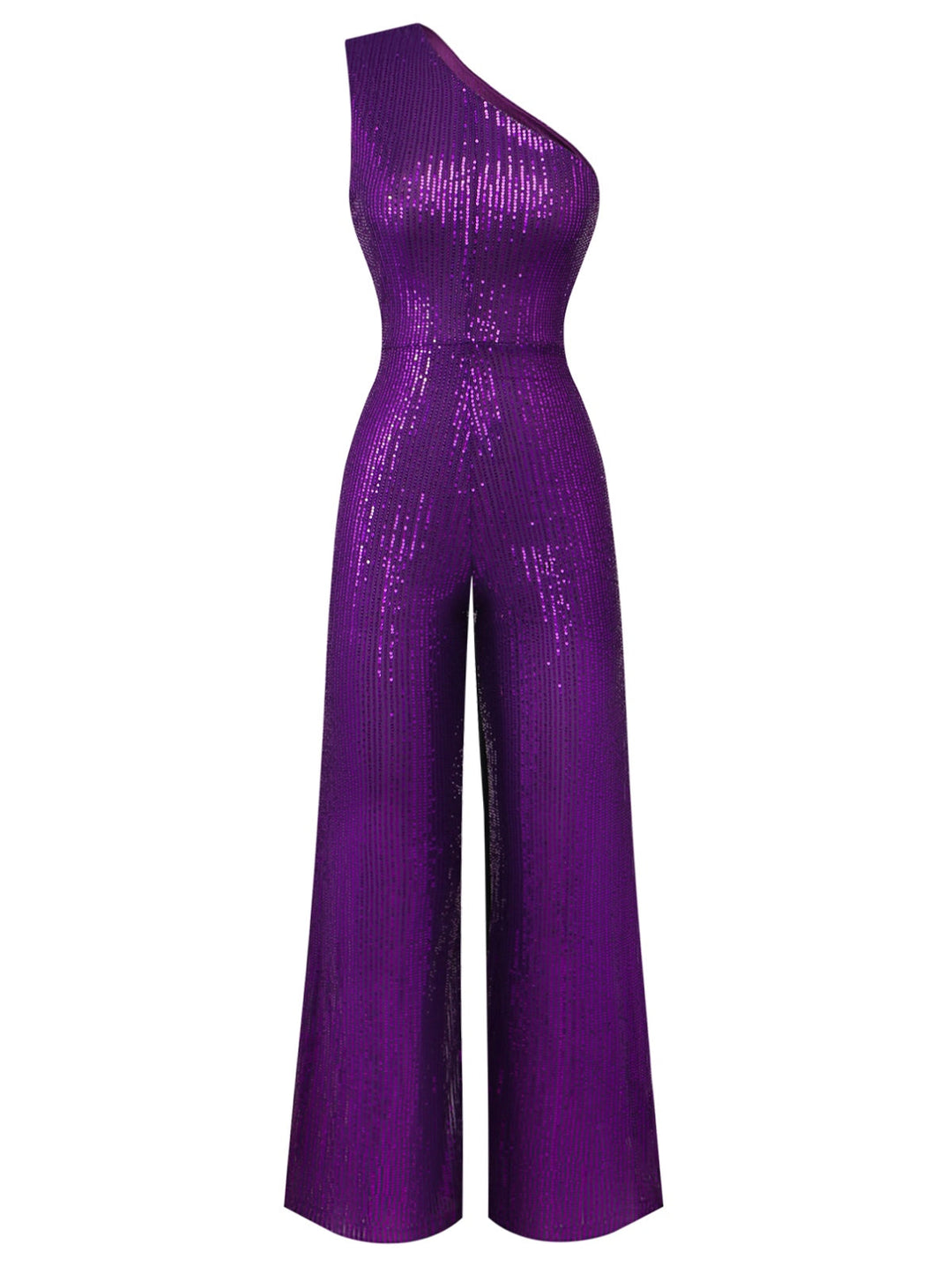 Purple 1970s Sequin One-Shoulder Jumpsuit - vintage jumpsuit, retro fashion
