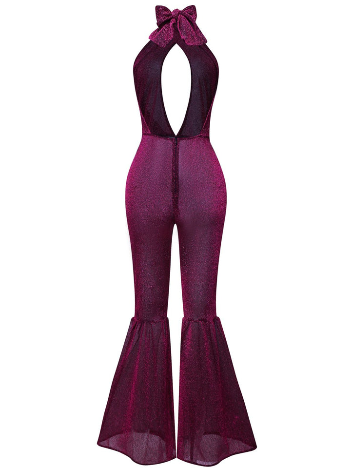 Purple 1970s Sheer Glitter Disco Halter Jumpsuit - vintage jumpsuit, retro fashion