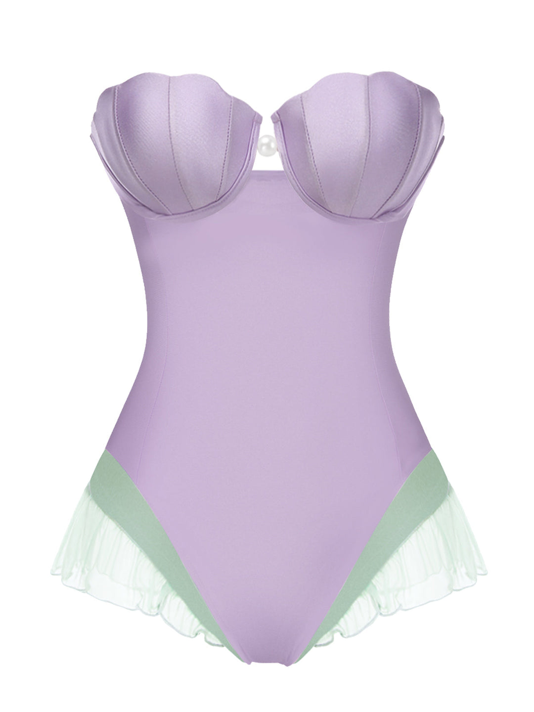 Purple 1970s Shell Mermaid Bandeau One-Piece Swimsuit: 1970s Riviera elegance, reimagined for her