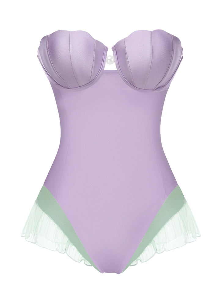 Purple 1970s Shell Mermaid Bandeau One-Piece Swimsuit: 1970s Riviera elegance, reimagined for her