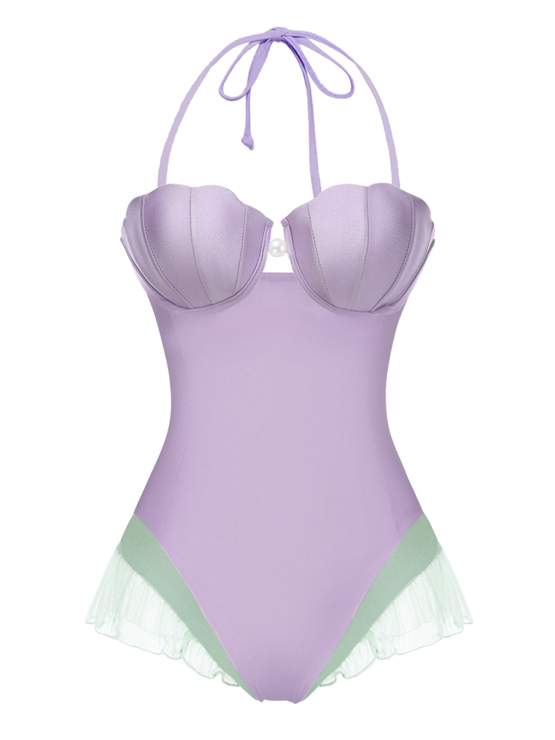 This Purple 1970s Shell Mermaid Bandeau One-Piece Swimsuit carries 1970s vacation dreams in every stitch