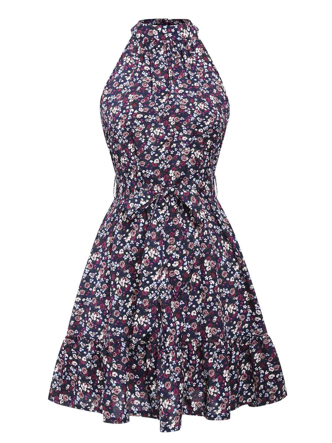 She slips into this Purple 1980s Ditsy Floral Sleeveless Dress and suddenly it&