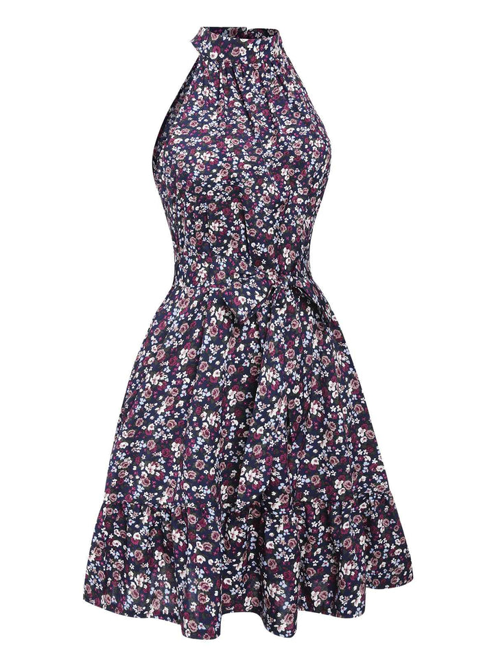Purple 1980s Ditsy Floral Sleeveless Dress: where 1980s romance meets her modern spirit