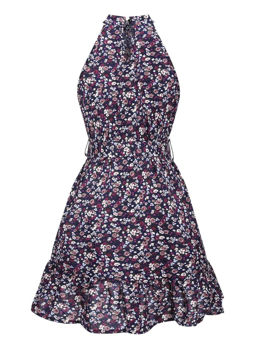 This Purple 1980s Ditsy Floral Sleeveless Dress wraps her in 1980s elegance, one twirl at a time