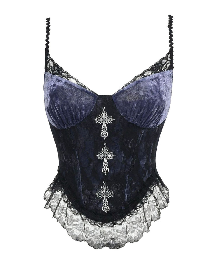 Purple 1980s Gothic Cross Velvet Lace Camisole - vintage fashion, retro style
