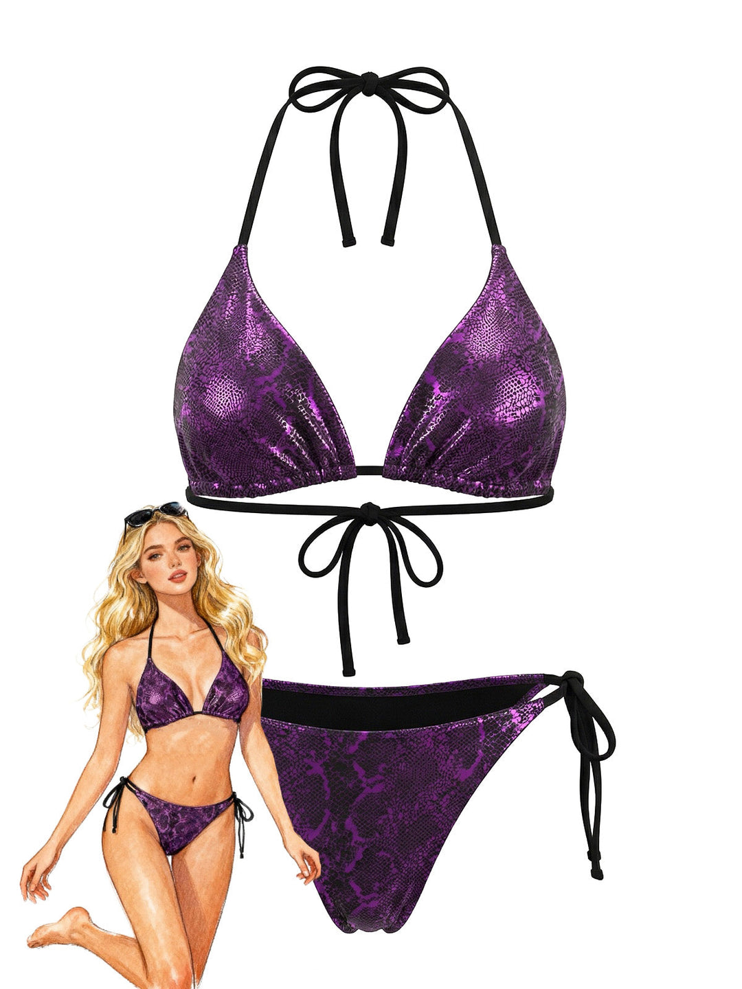 Purple Halter Metallic Snakeskin Print Bikini Set - vintage swimsuit, swimwear for vintage lovers