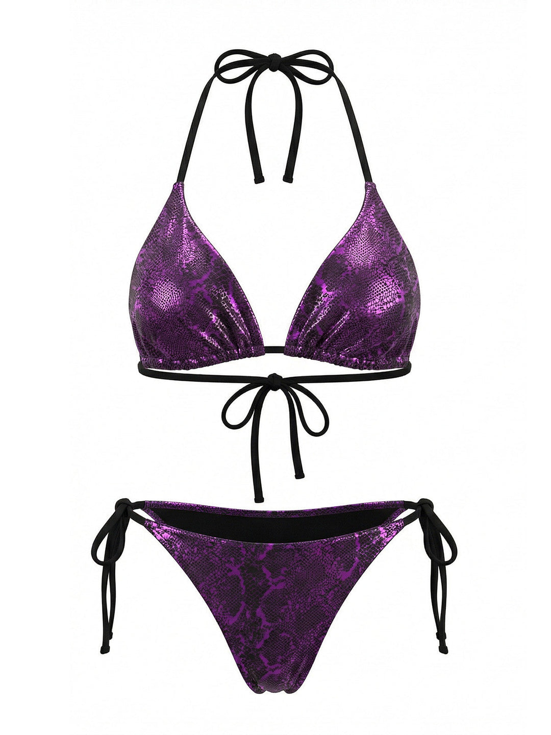 Purple Halter Metallic Snakeskin Print Bikini Set - vintage swimsuit, swimwear for vintage lovers