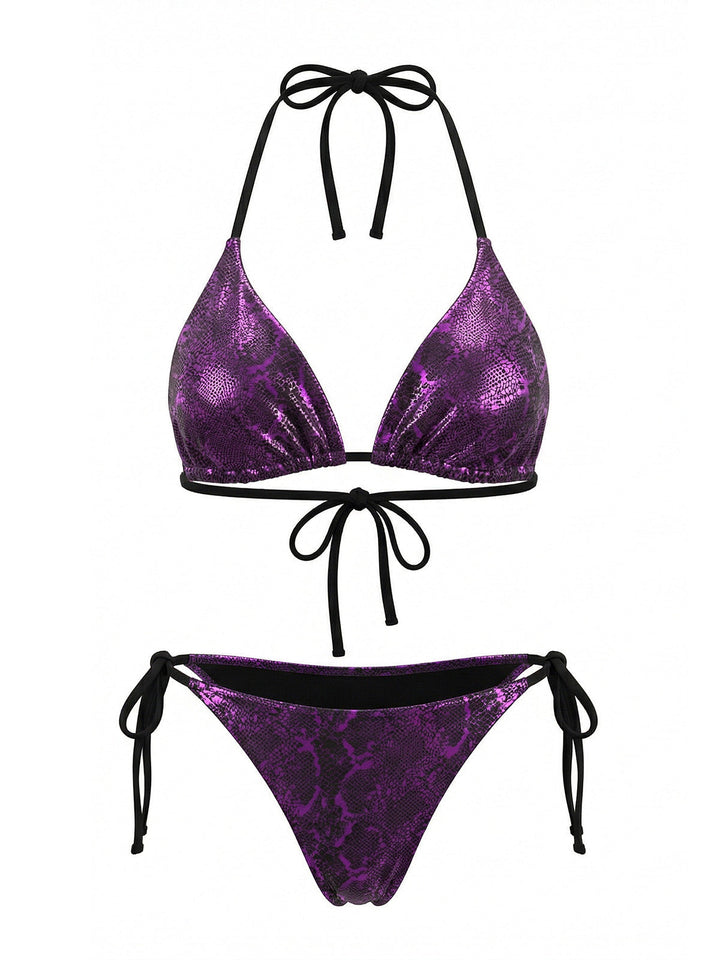 Purple Halter Metallic Snakeskin Print Bikini Set - vintage swimsuit, swimwear for vintage lovers