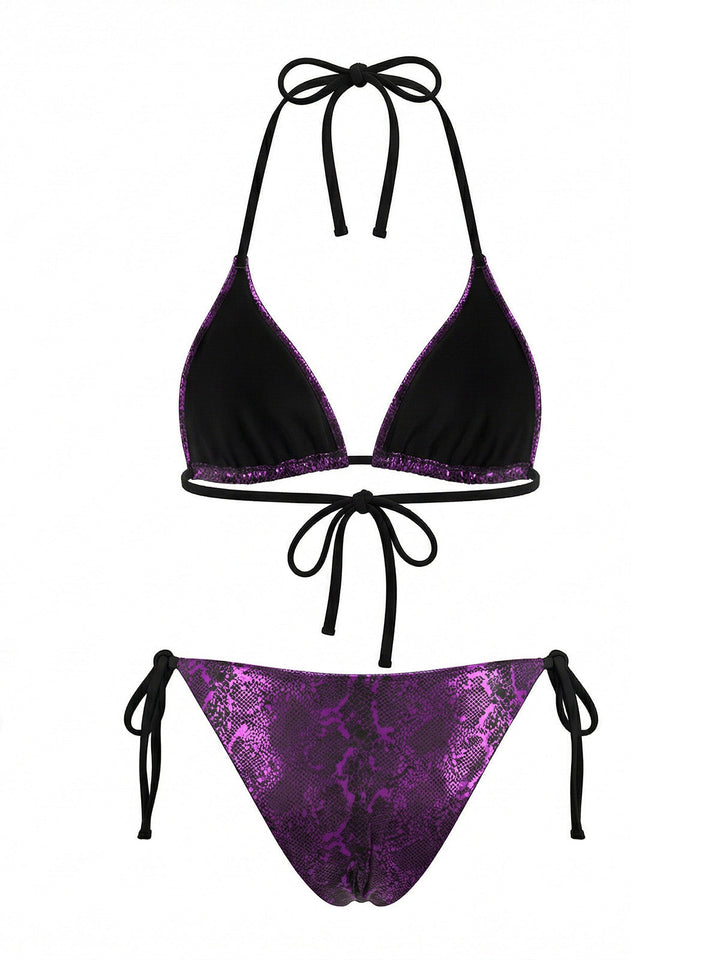 Purple Halter Metallic Snakeskin Print Bikini Set - vintage swimsuit, swimwear for vintage lovers