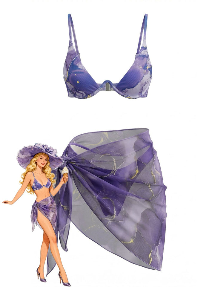 Purple 1980s Marble Triangle Bikini Set &amp; Cover-Up - vintage swimwear, retro beach style for women