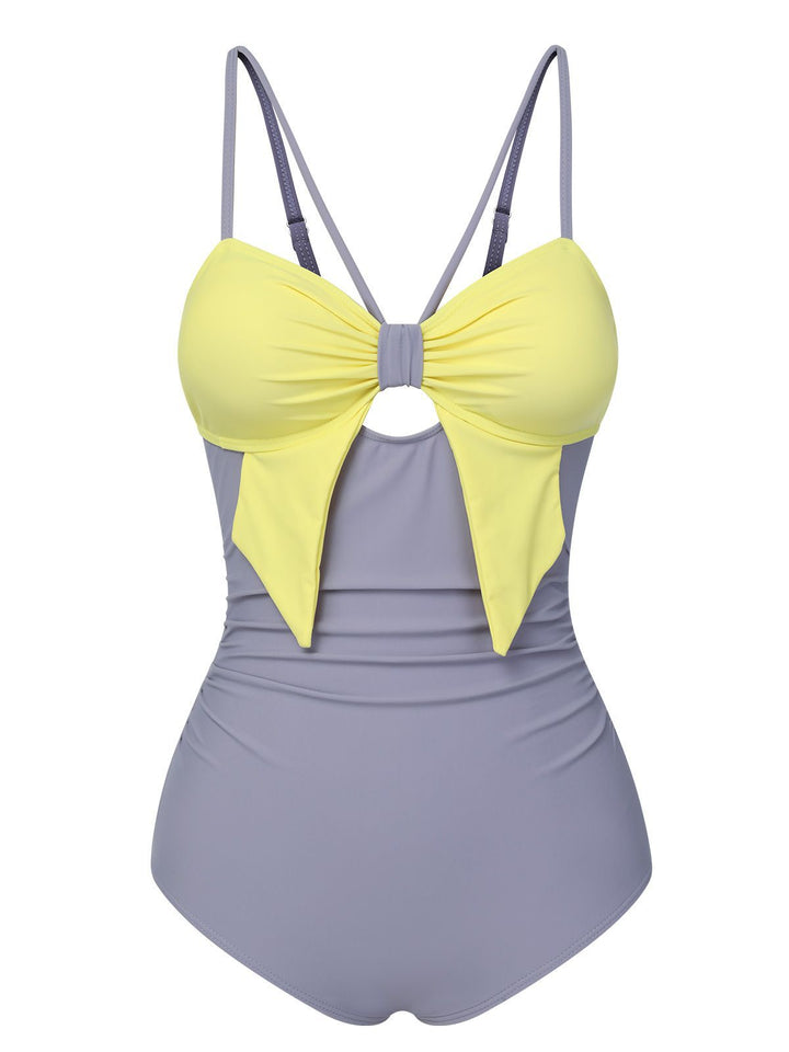 Purple &amp; Yellow 1950s Cut Out Contrast Bow Swimsuit, vintage swimsuit, pin-up swimwear - perfect for women who love vintage and retro fashion