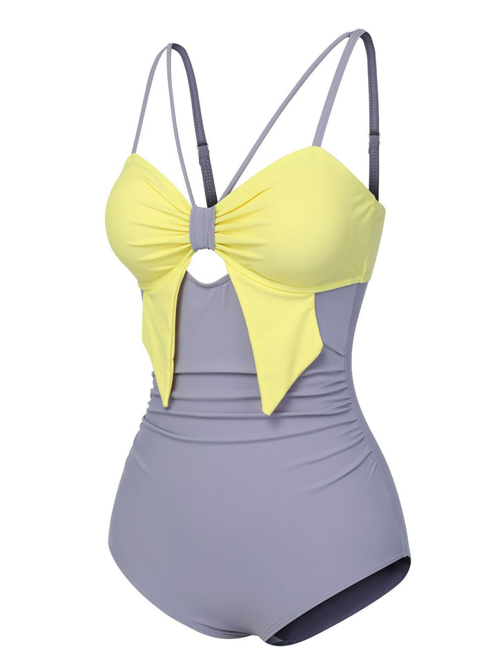 Purple &amp; Yellow 1950s Cut Out Contrast Bow Swimsuit, vintage swimsuit, pin-up swimwear - perfect for women who love vintage and retro fashion