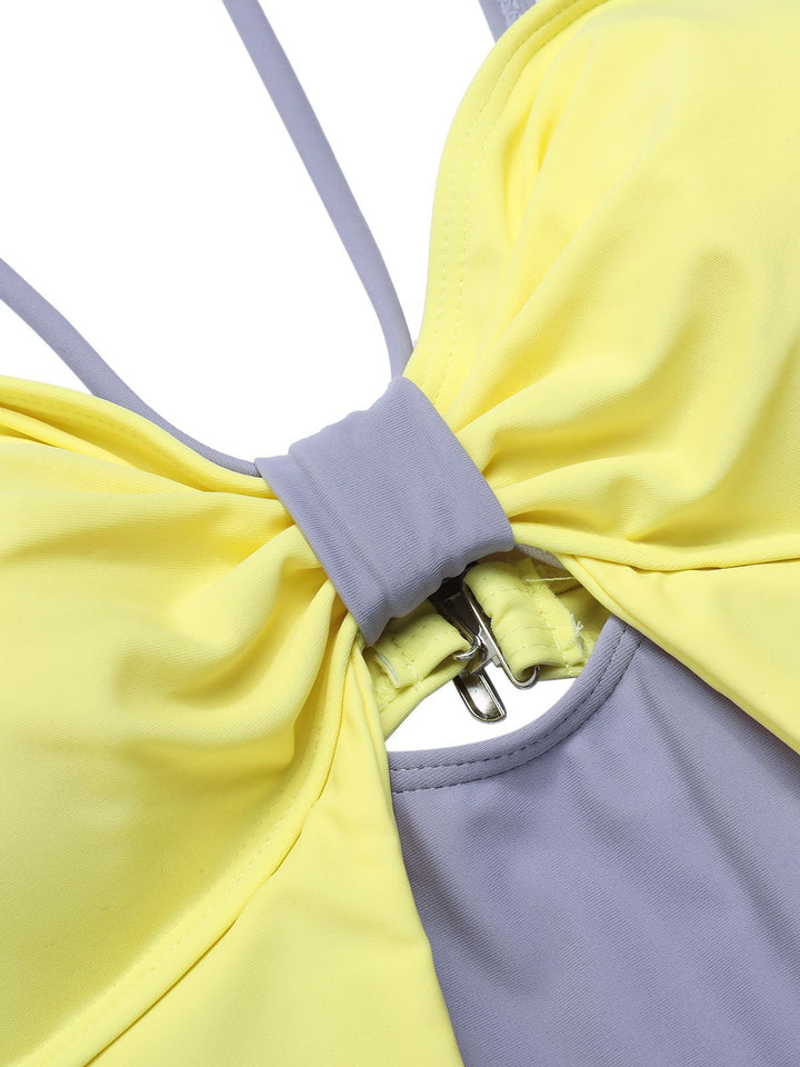 Purple &amp; Yellow 1950s Cut Out Contrast Bow Swimsuit, vintage swimsuit, pin-up swimwear - perfect for women who love vintage and retro fashion