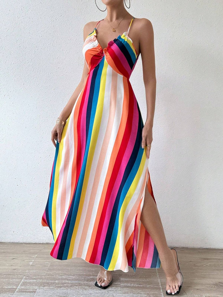 Rainbow 1930s Striped Spaghetti Strap A-Line Dress, vintage dress, retro fashion - perfect for women who love vintage and retro fashion