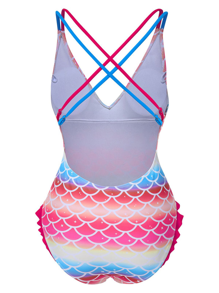Rainbow 1970s Mermaid Scale Ruffle One-Piece Swimsuit, vintage swimsuit, pin-up swimwear - perfect for women who love vintage and retro fashion
