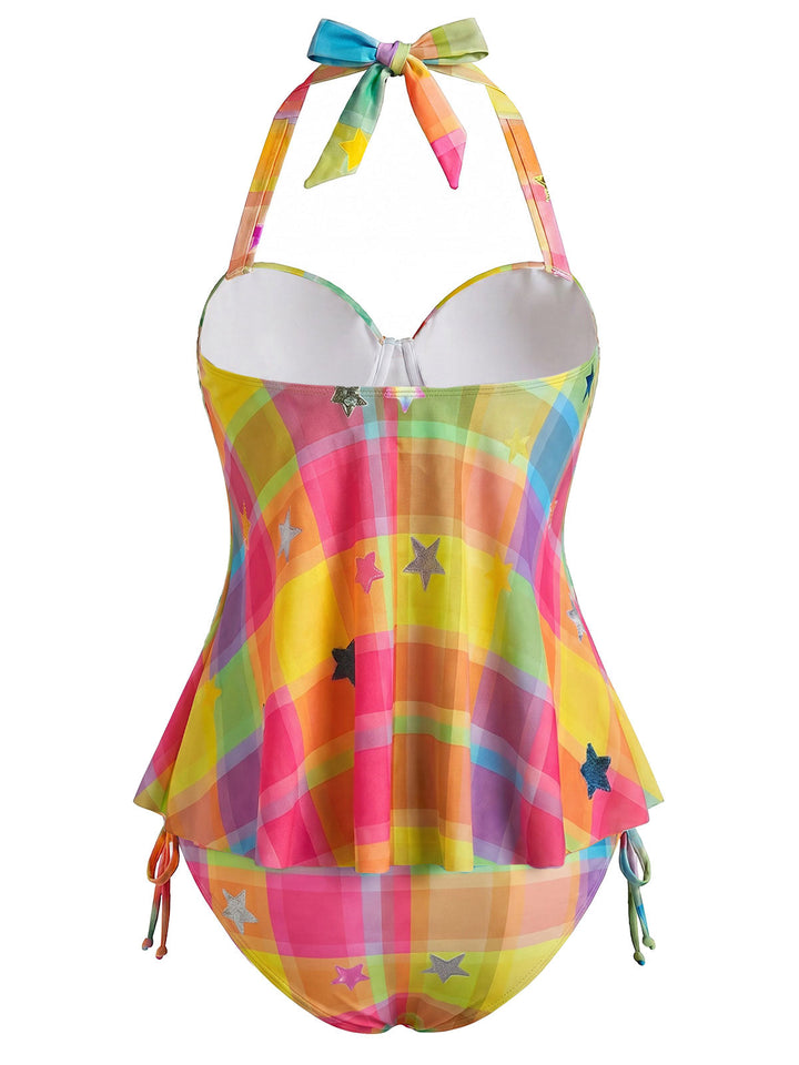 [Pre-Sale] Rainbow Plaid Star Halter Tankini Set, vintage fashion, retro style - perfect for women who love vintage and retro fashion
