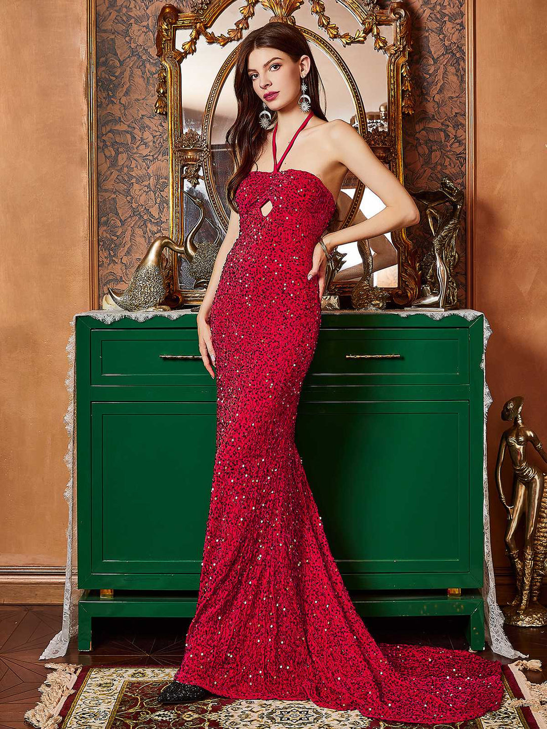 She slips into this Red 1920s Halter Sequined Side Slit Maxi Dress and suddenly it&