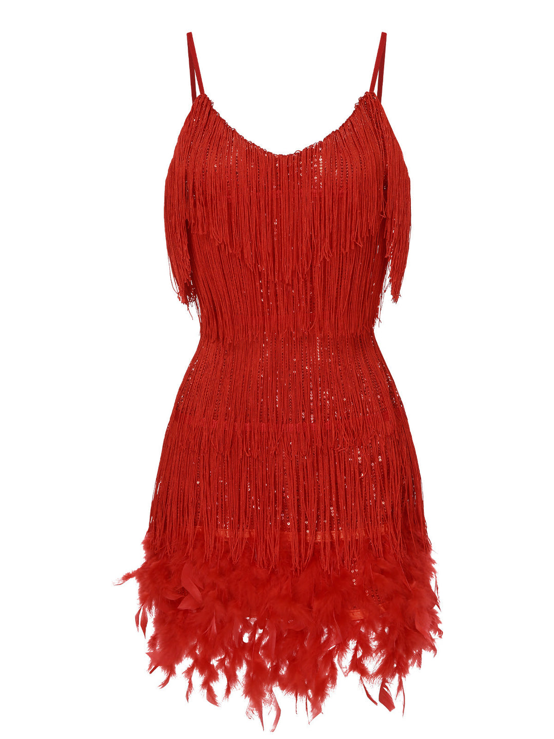 Red 1920s Spaghetti Strap Feather Fringe Dress, vintage dress, retro fashion, Gatsby party, flapper style - perfect for women who love vintage and retro fashion