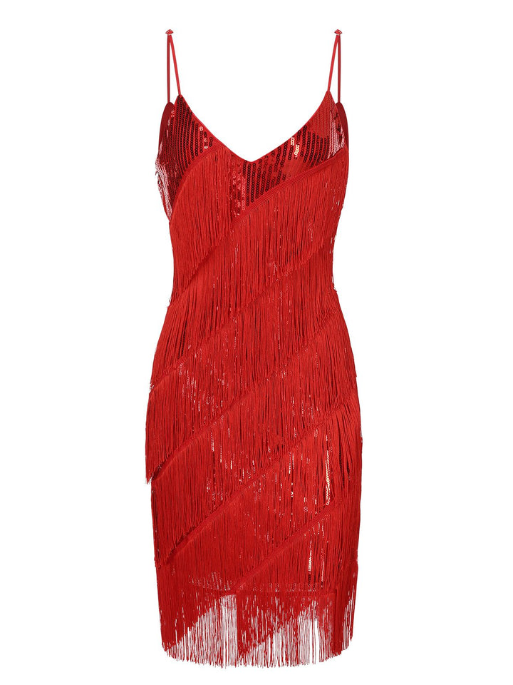 She slips into this Red 1920s Spaghetti Strap Sequin Fringe Dress and suddenly it&